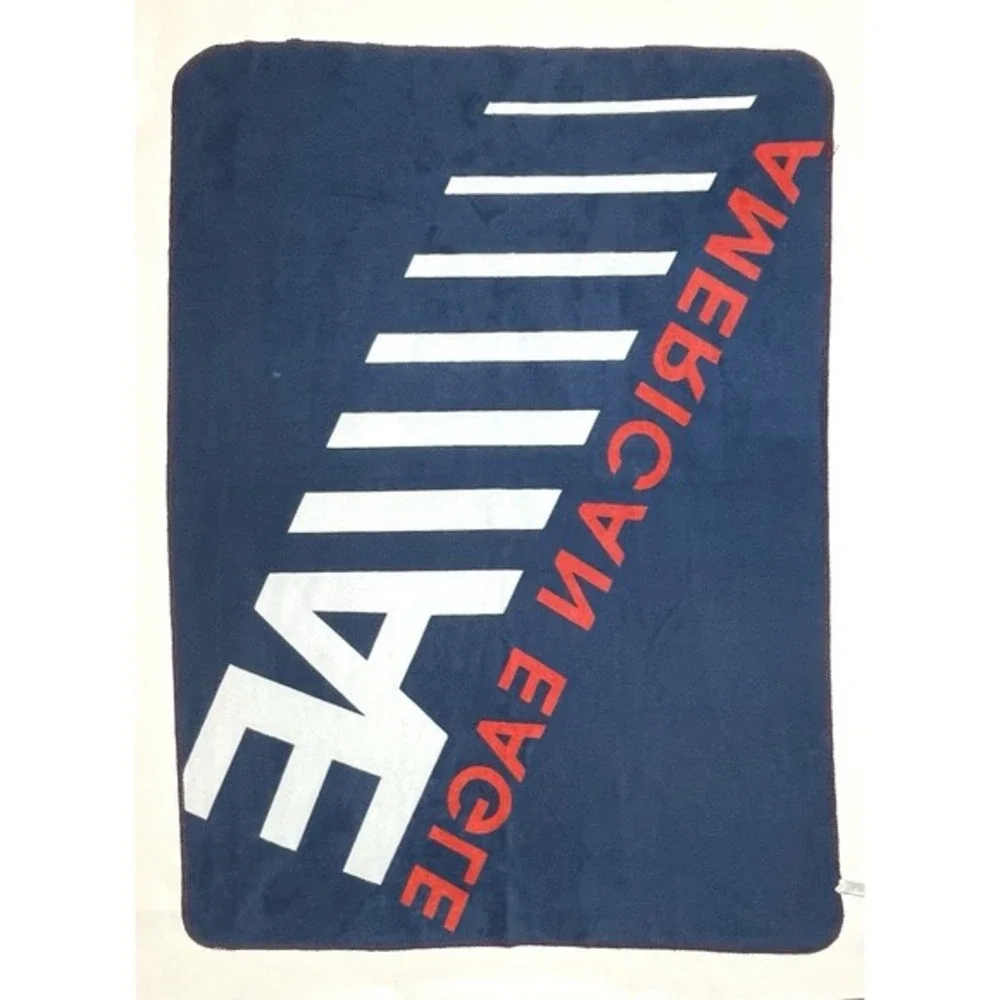 American Eagle Fleece Blanket Blue with Red & White Large Spellout Logo 62